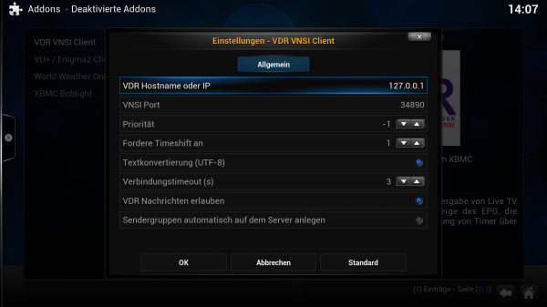 XBMC - VDR VNSI Client - Konfiguration