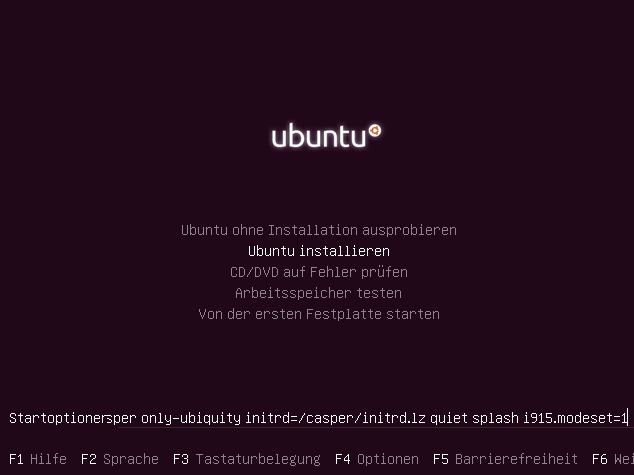 ubuntu i915 modeset 1 01 - Ubuntu 10.04 LTS - Bildschirm bleibt beim Booten bzw. bei der Installation schwarz - Intel 82852/855GM - FCS Amilo M 7400