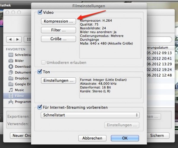 imovie 03 mit quicktime exportieren einstellungen 600x499 - OSX - iMovie - Projekt ist zu lang - Workaround