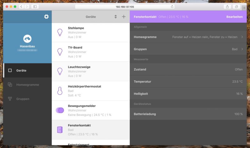 homee webapp local gaerteuebersicht 800x474 - Erfahrungsbericht - Einrichtung von homee und Geräte verbinden