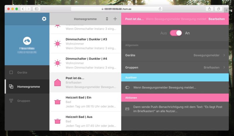 homee bewegungsmelder briefkasten post ist da 800x467 - Info - Push-Benachrichtigung über homee wenn der Postbote da war