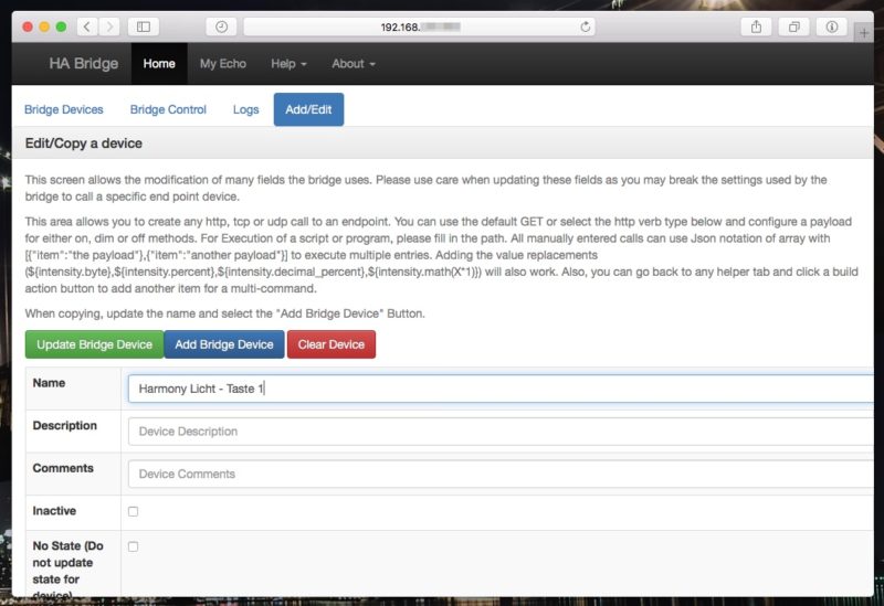 ha bridge webinterface add edit 1 800x549 - Logitech Harmony Companion - Haussteuerungstasten "fremd" belegen - HA Bridge