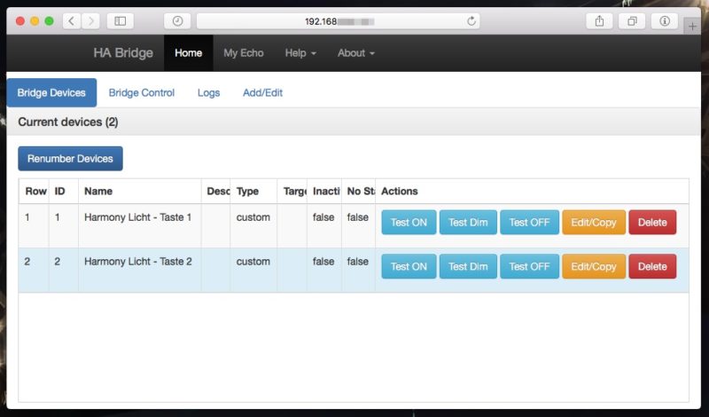 ha bridge webinterface bridge devices 800x470 - Logitech Harmony Companion - Haussteuerungstasten "fremd" belegen - HA Bridge