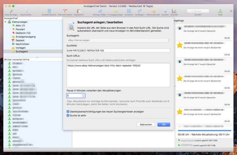 AnzeigenChef Suchagent 800x522 - Software-Tipp - AnzeigenChef - professionelle Verwaltung von eBay Kleinanzeigen