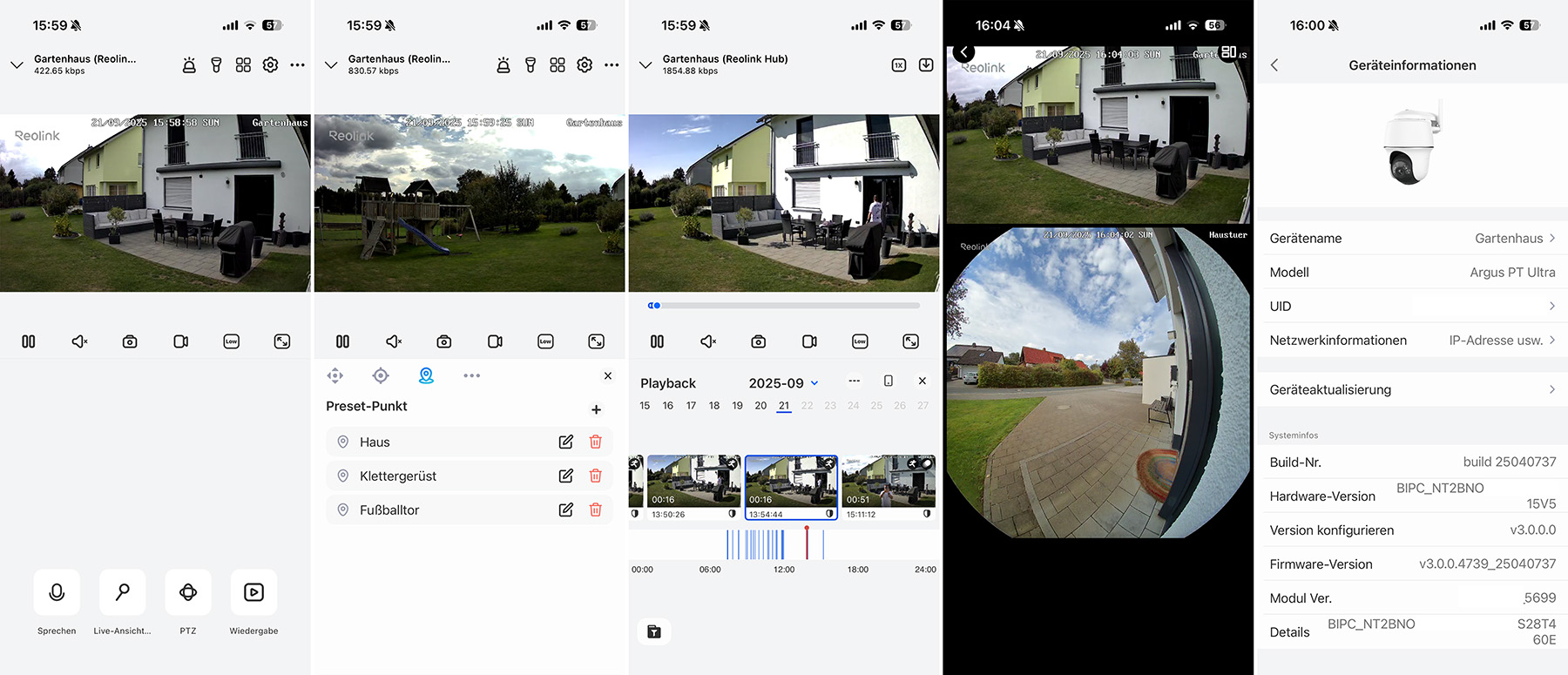 Test - Reolink Argus PT Ultra mit Solar Reolink Argus PT Ultra Live Ansicht PTZ Wiedergabe Geraeteinfo - Test - Reolink Argus PT Ultra mit Solar